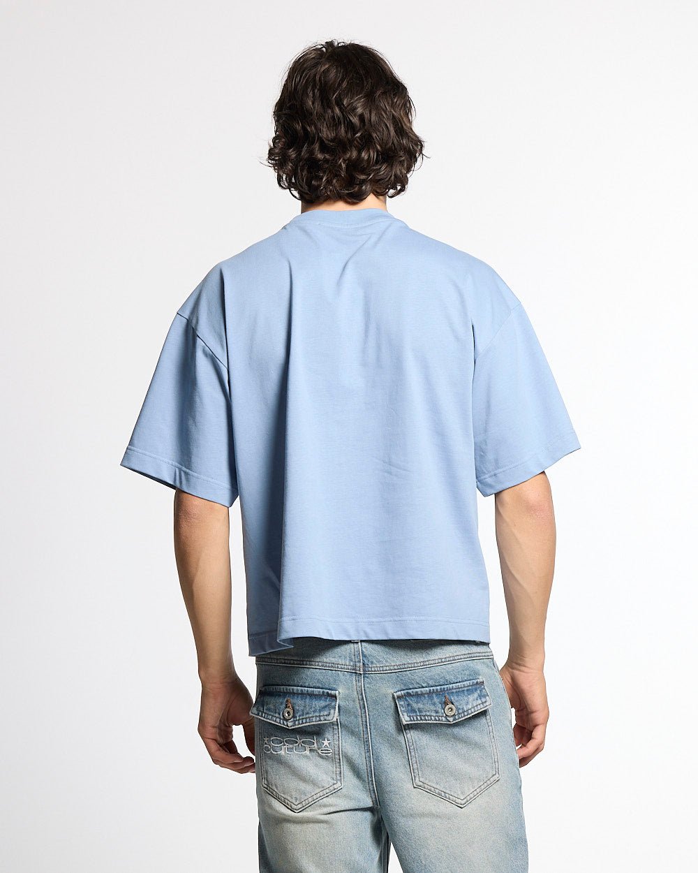 MIX MATCH TEE BLUE - light blue graphic print tee, back view on male model - Cold Culture #man
