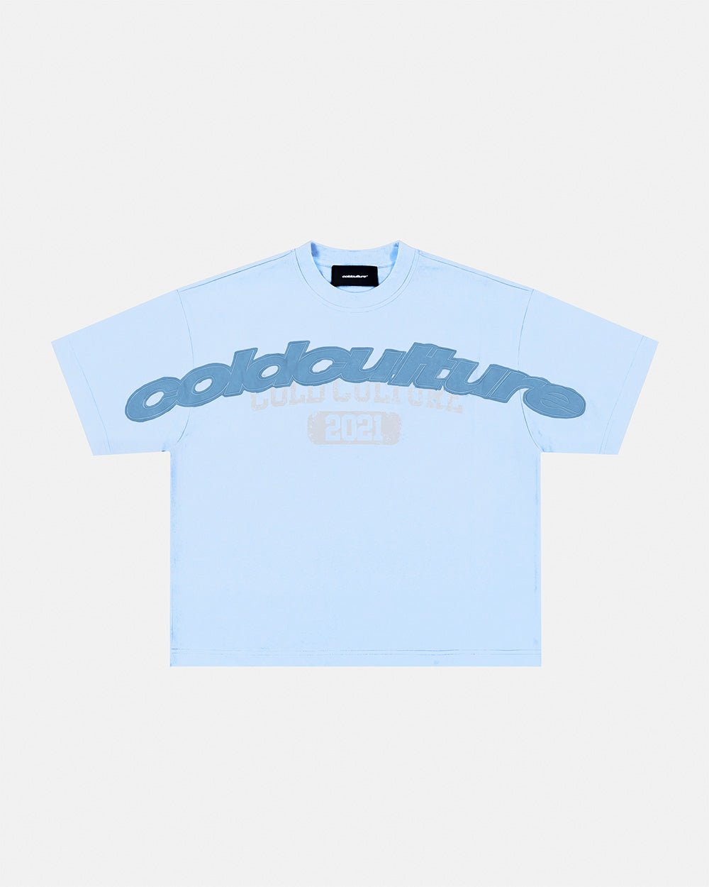 MIX MATCH TEE BLUE - light blue graphic print tee, flat lay - Cold Culture #packshot