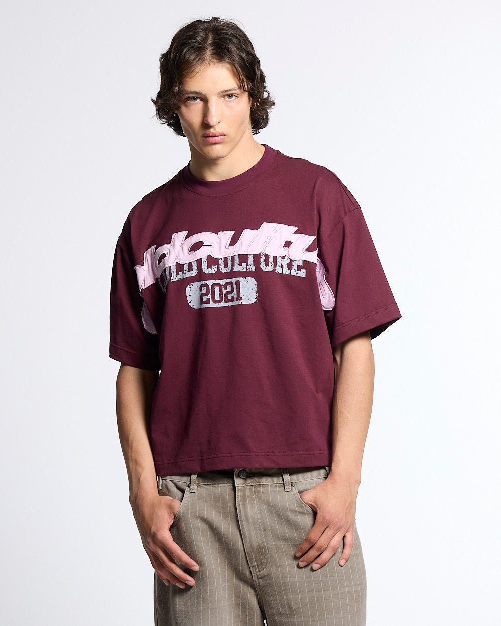 MIX MATCH TEE BURGUNDY - burgundy graphic print tee, front view on male model - Cold Culture #man