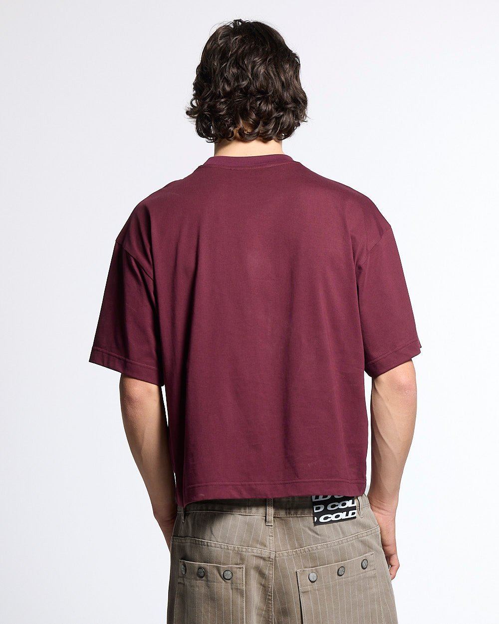 MIX MATCH TEE BURGUNDY - burgundy graphic print tee, back view on male model - Cold Culture #man