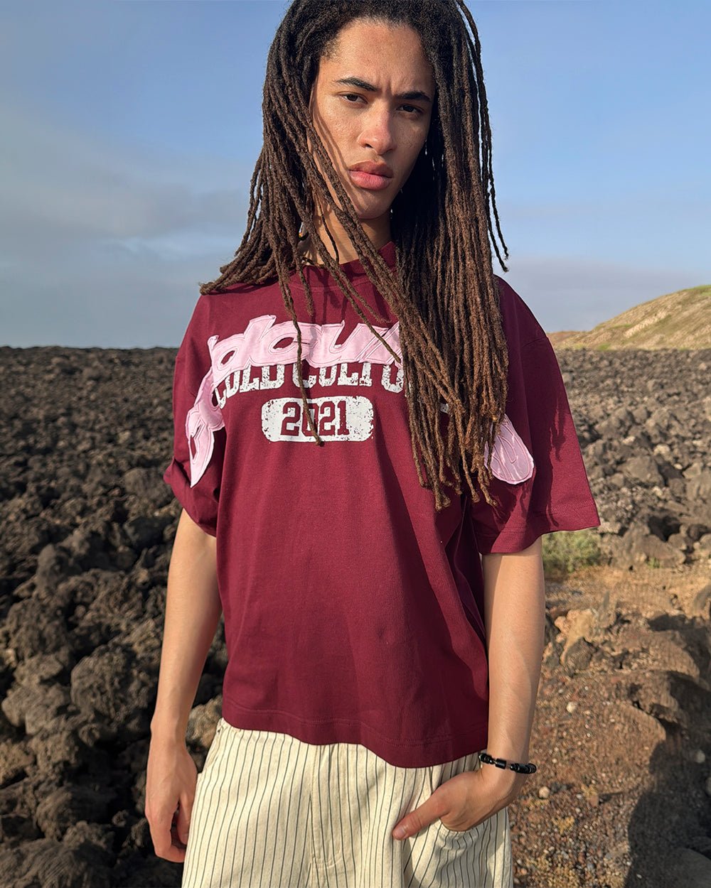 MIX MATCH TEE BURGUNDY - burgundy graphic print tee, street style shot - Cold Culture