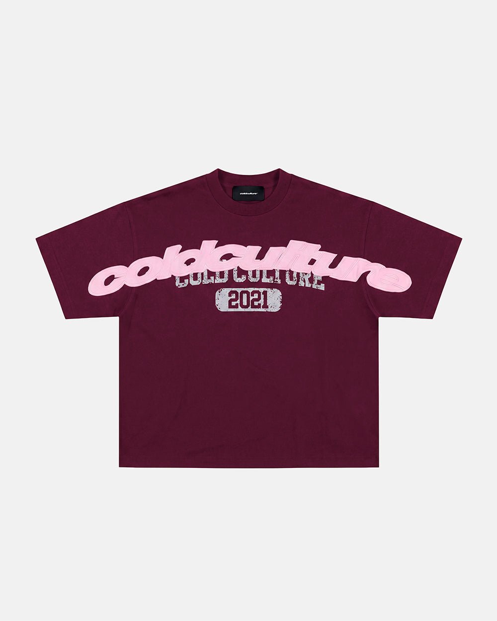 MIX MATCH TEE BURGUNDY - burgundy graphic print tee, flat lay - Cold Culture #packshot