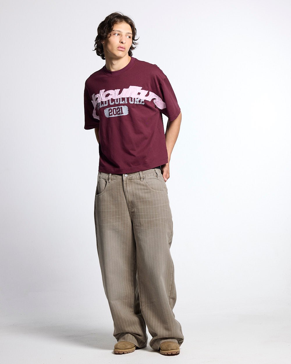 MIX MATCH TEE BURGUNDY - burgundy graphic print tee, front view on male model - Cold Culture #man
