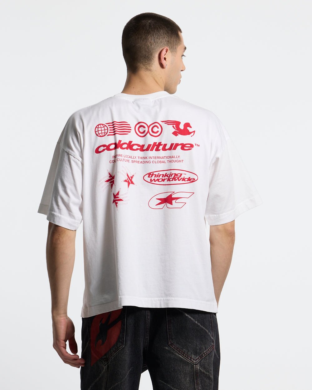 MIX TEE WHITE - white graphic print tee, back view on male model - Cold Culture #man