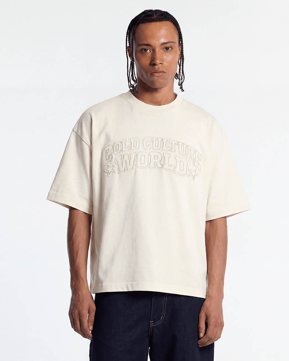 MONTANA TEE BEIGE - beige oversized tee, front view on male model - Cold Culture #man