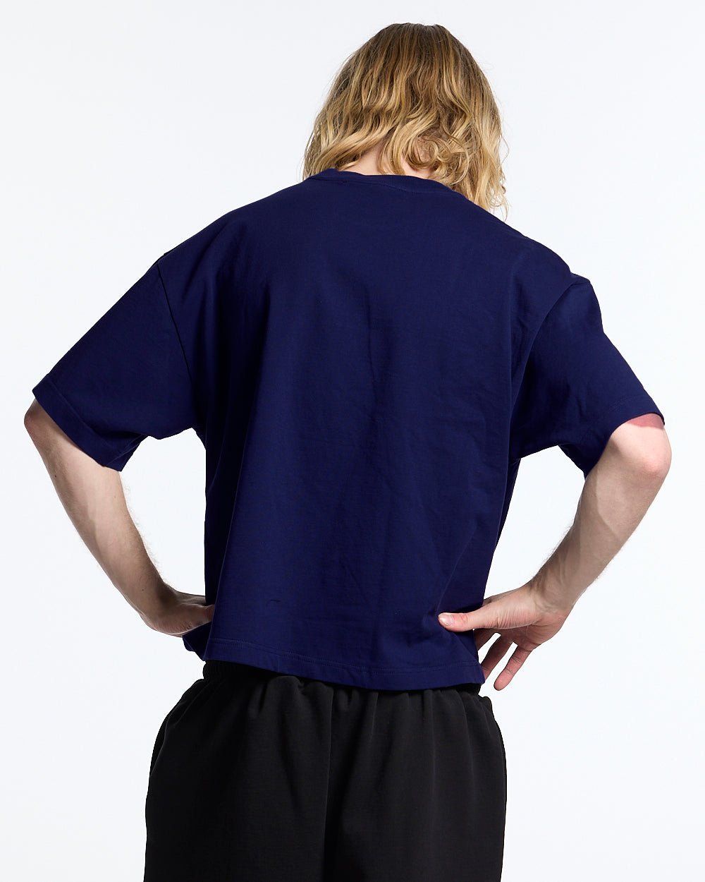 MONTANA TEE NAVY - navy blue boxy tee, back view on male model - Cold Culture #man