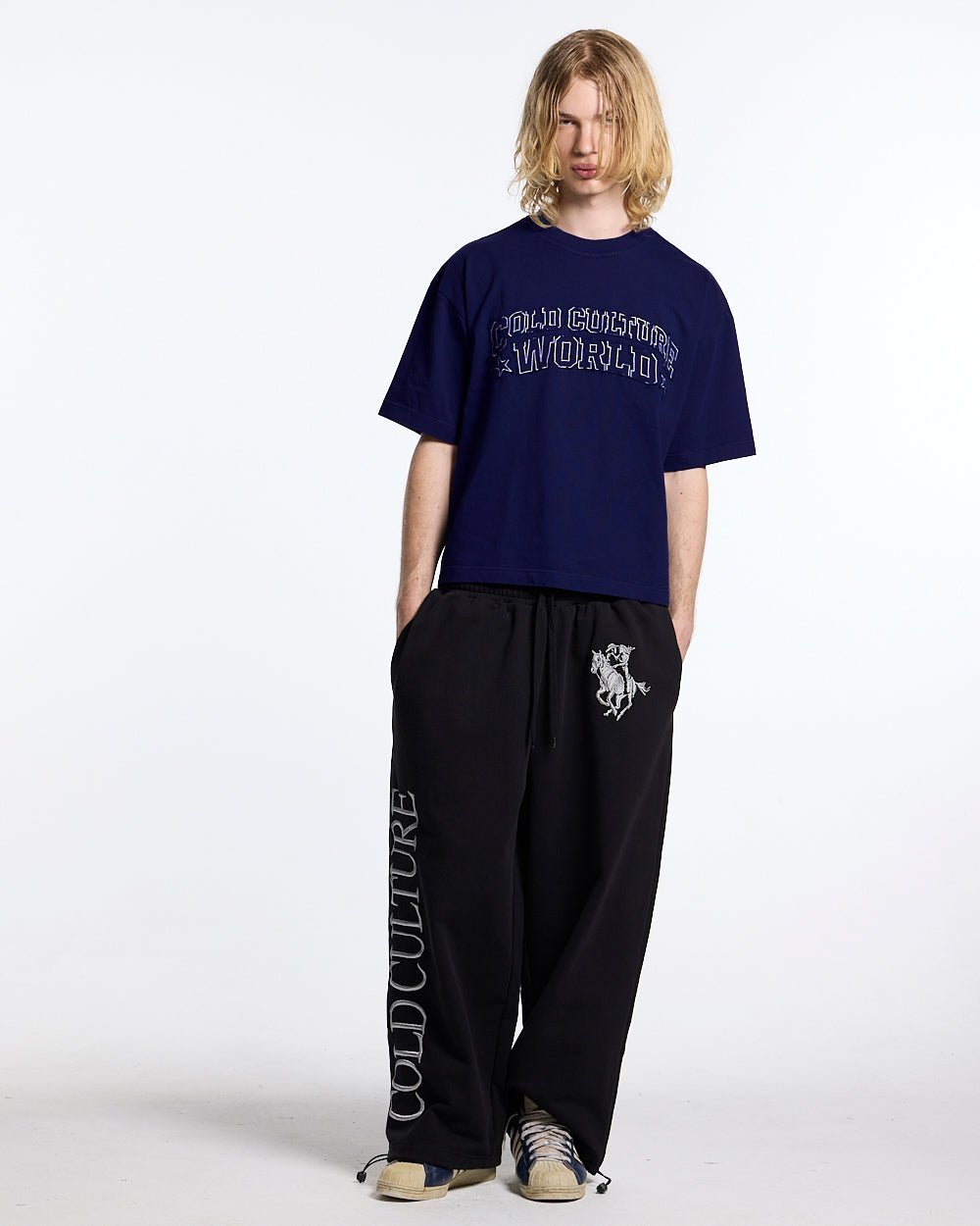 MONTANA TEE NAVY - navy blue boxy tee, front view on male model - Cold Culture #man