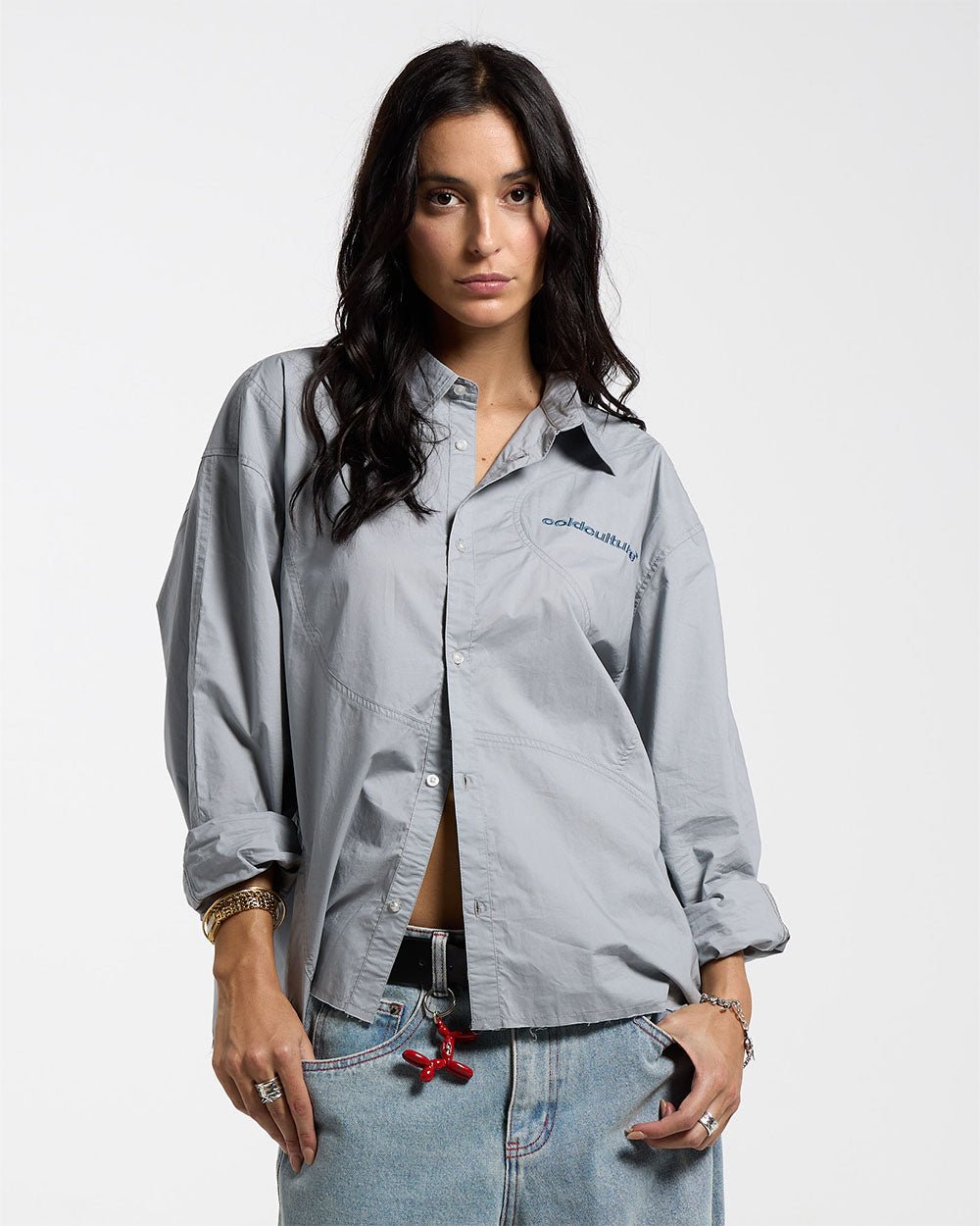 MONTMELO SHIRT GREY - grey long sleeve shirt, front view on female model - Cold Culture #woman