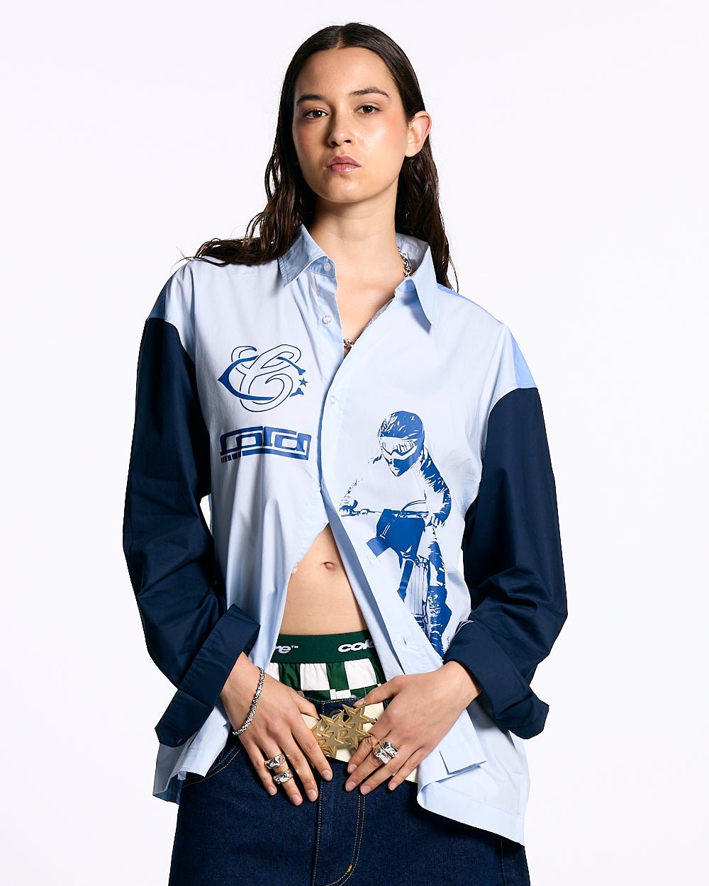 MOTO SHIRT - blue colorblock long sleeve shirt, front view on female model - Cold Culture #woman