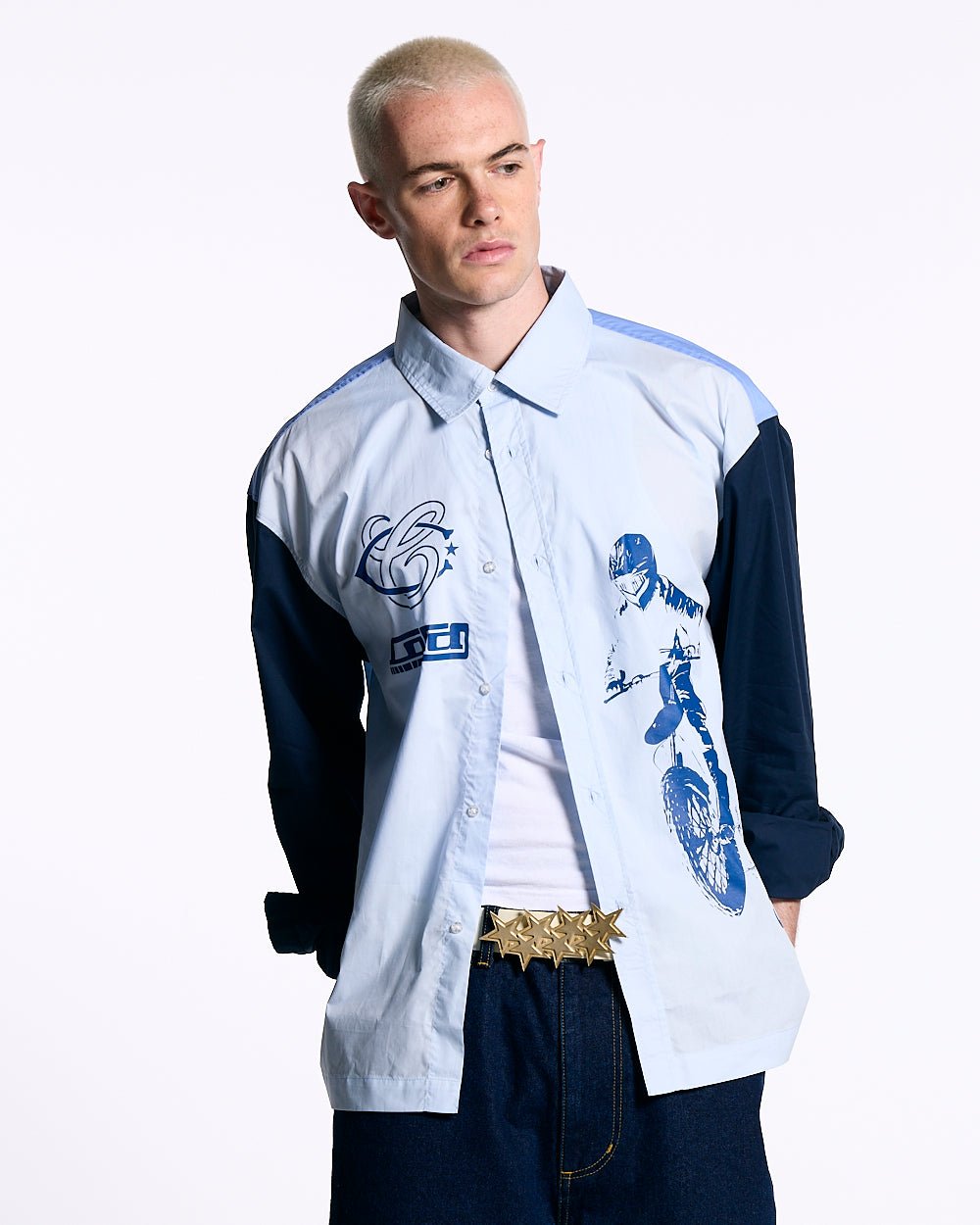 MOTO SHIRT - blue colorblock long sleeve shirt, front view on male model - Cold Culture #man