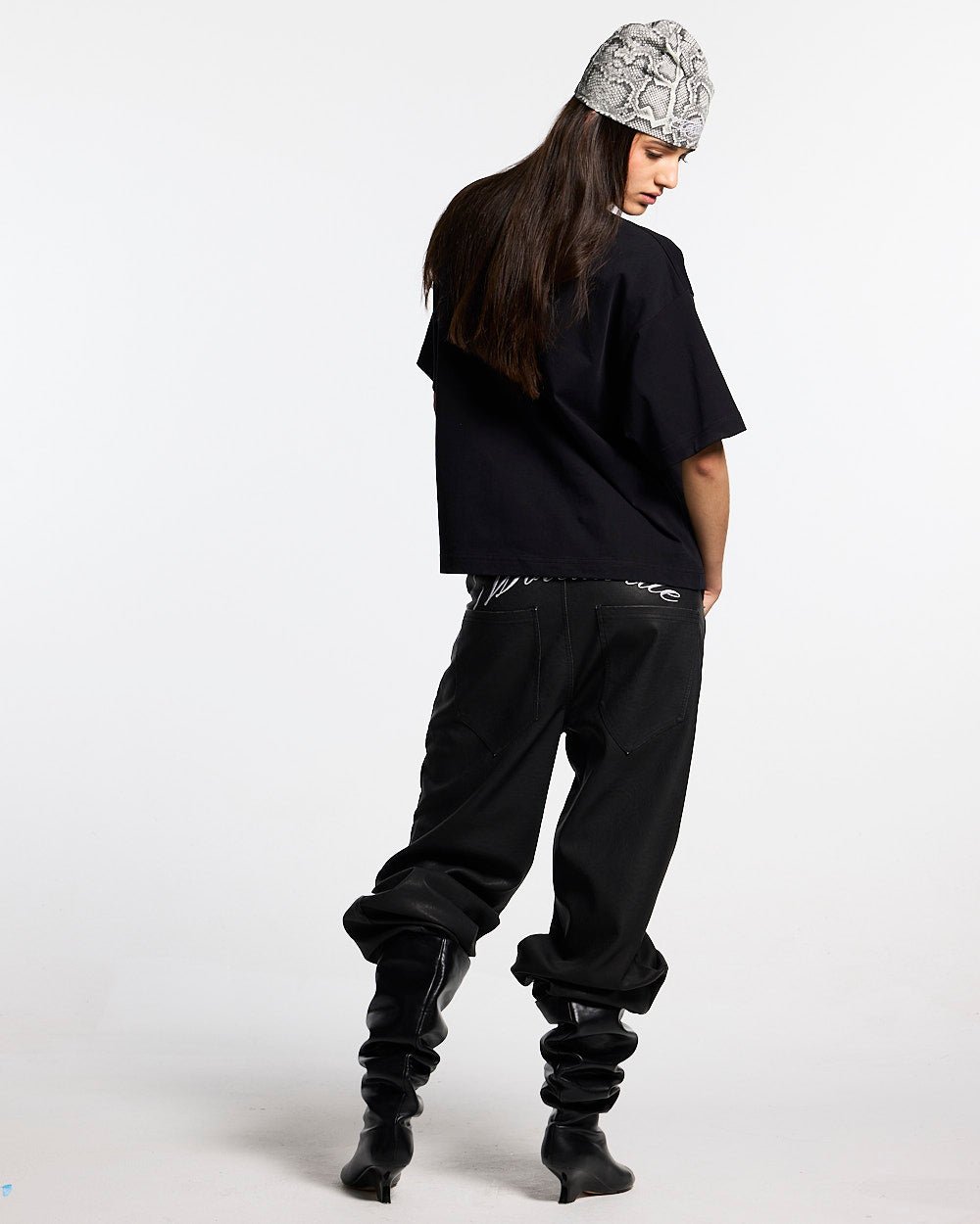 MR WORLDWIDE TEE BLACK - black graphic print tee, back view on female model - Cold Culture #woman
