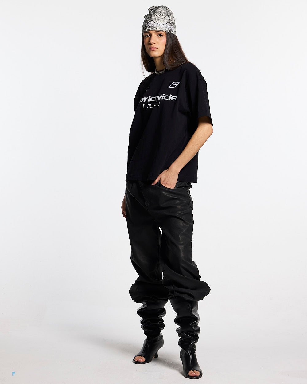 MR WORLDWIDE TEE BLACK - black graphic print tee, front view on female model - Cold Culture #woman