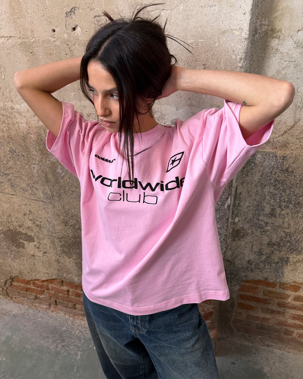 MR WORLDWIDE TEE PINK - pink graphic print tee, street style shot - Cold Culture #woman