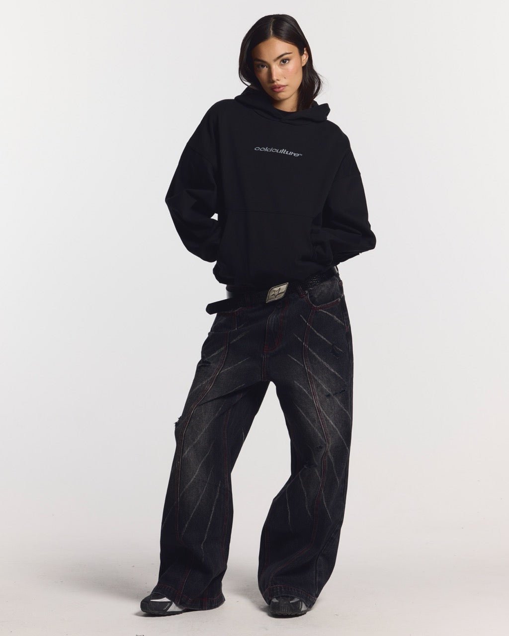 MUSIC RHYTHM V3 PANTS BLACK - black distressed denim pants, front view on female model - Cold Culture #woman