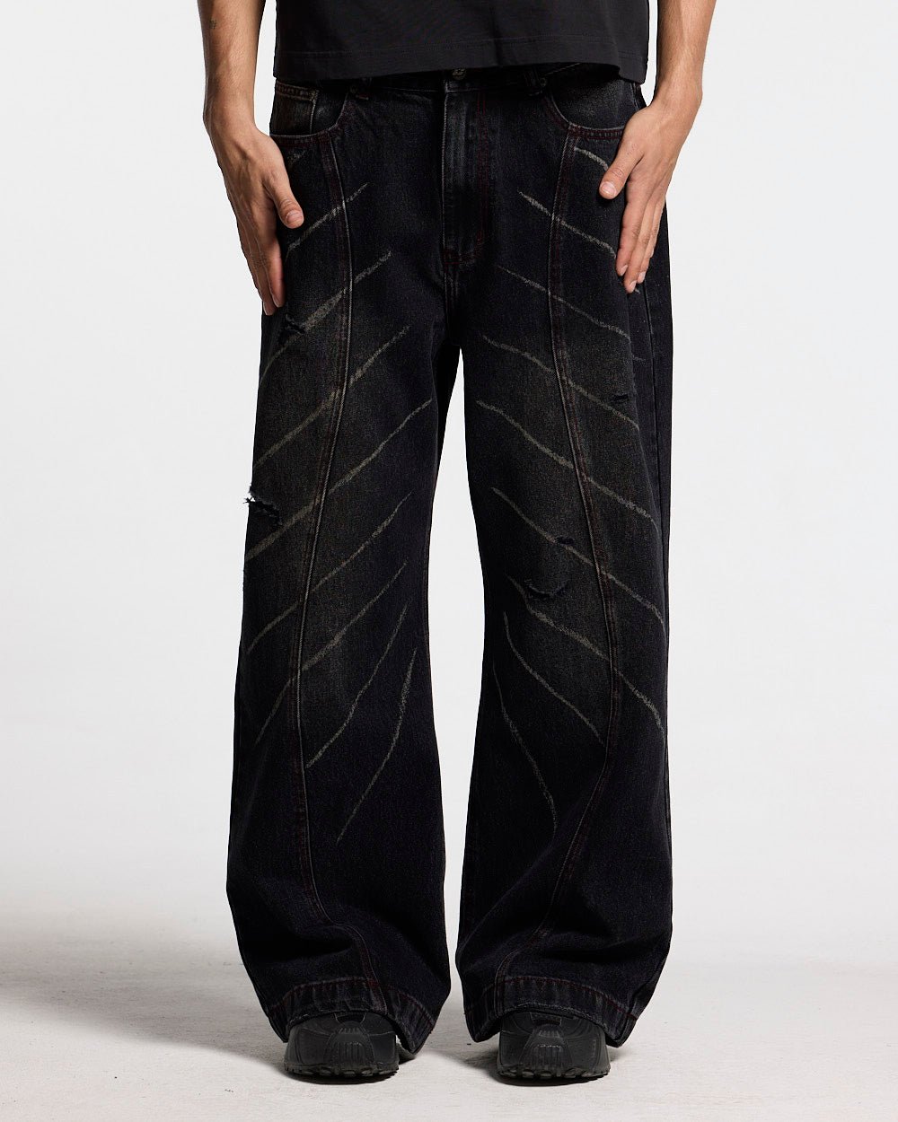 MUSIC RHYTHM V3 PANTS BLACK - black distressed denim pants, front view on male model - Cold Culture