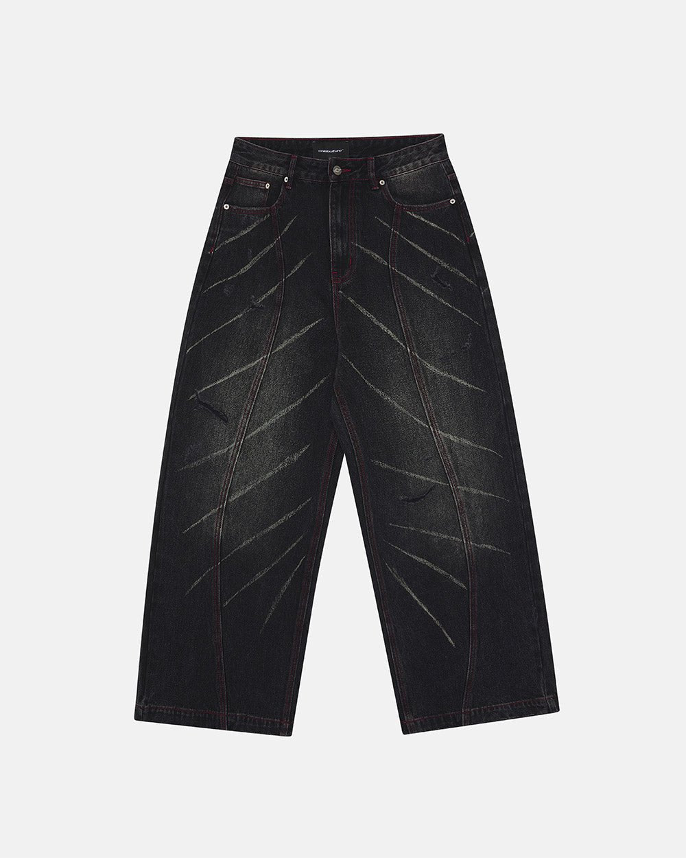 MUSIC RHYTHM V3 PANTS BLACK - black distressed denim pants, front view - Cold Culture #packshot