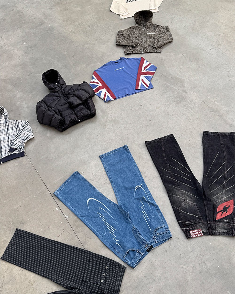 MUSIC RHYTHM V3 PANTS BLACK - black distressed denim pants, flat lay with matching pieces - Cold Culture