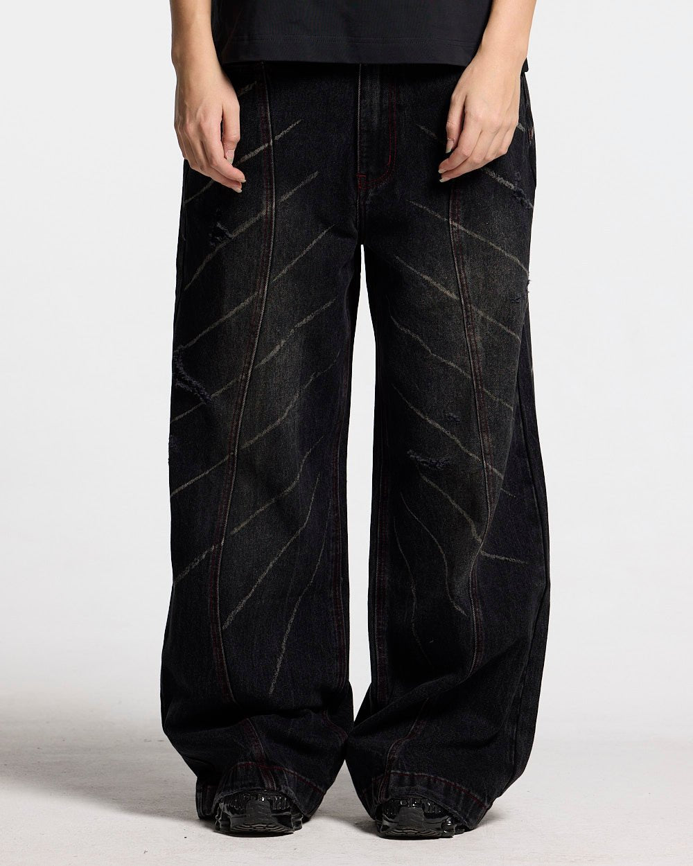 MUSIC RHYTHM V3 PANTS BLACK - black distressed denim pants, front view on female model - Cold Culture #woman