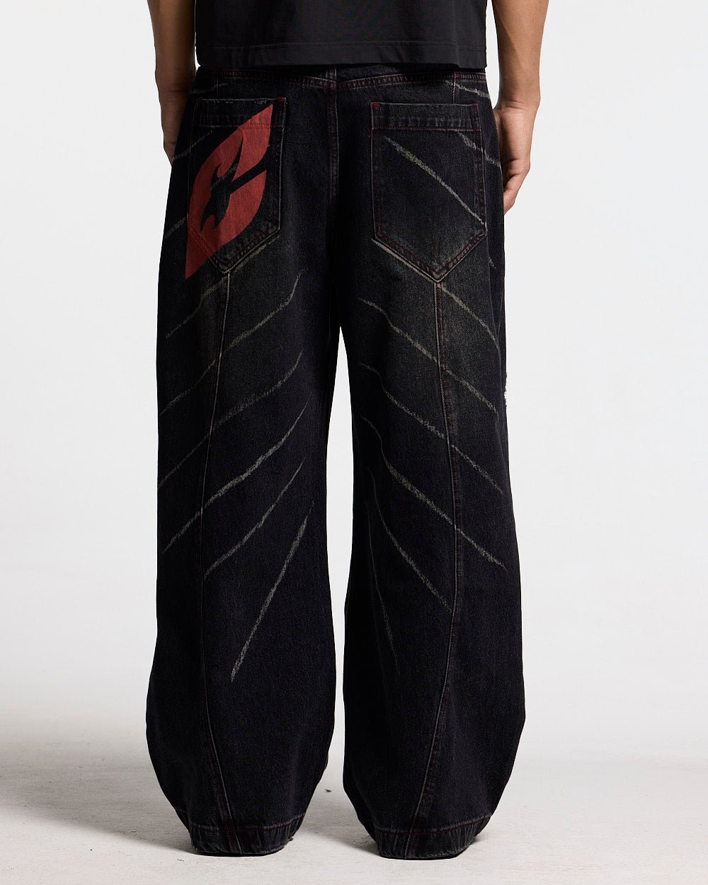 MUSIC RHYTHM V3 PANTS BLACK - black distressed denim pants, back view on male model - Cold Culture