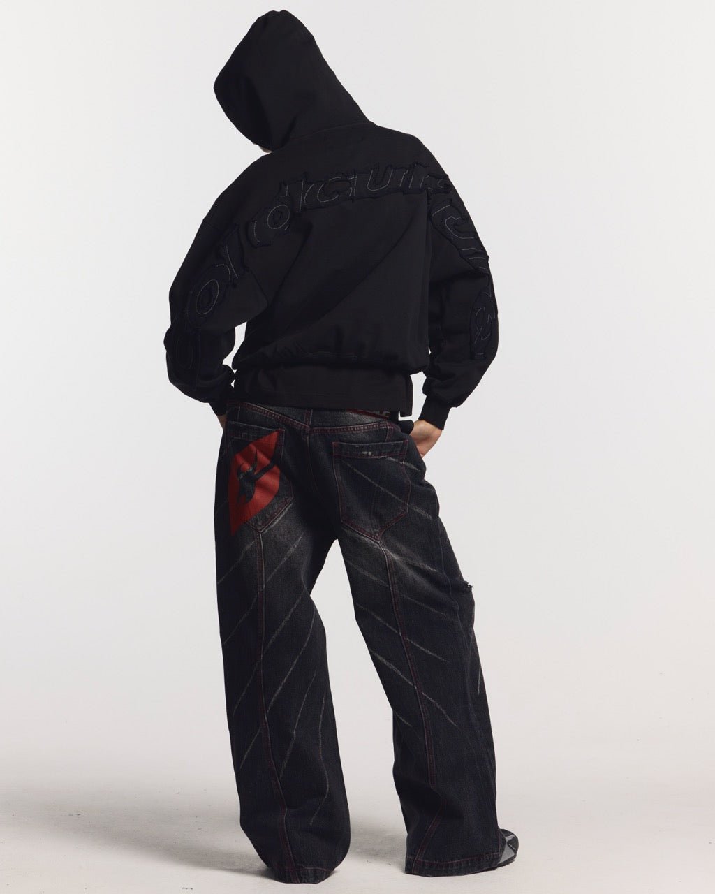 MUSIC RHYTHM V3 PANTS BLACK - black distressed denim pants, back view on female model - Cold Culture #woman