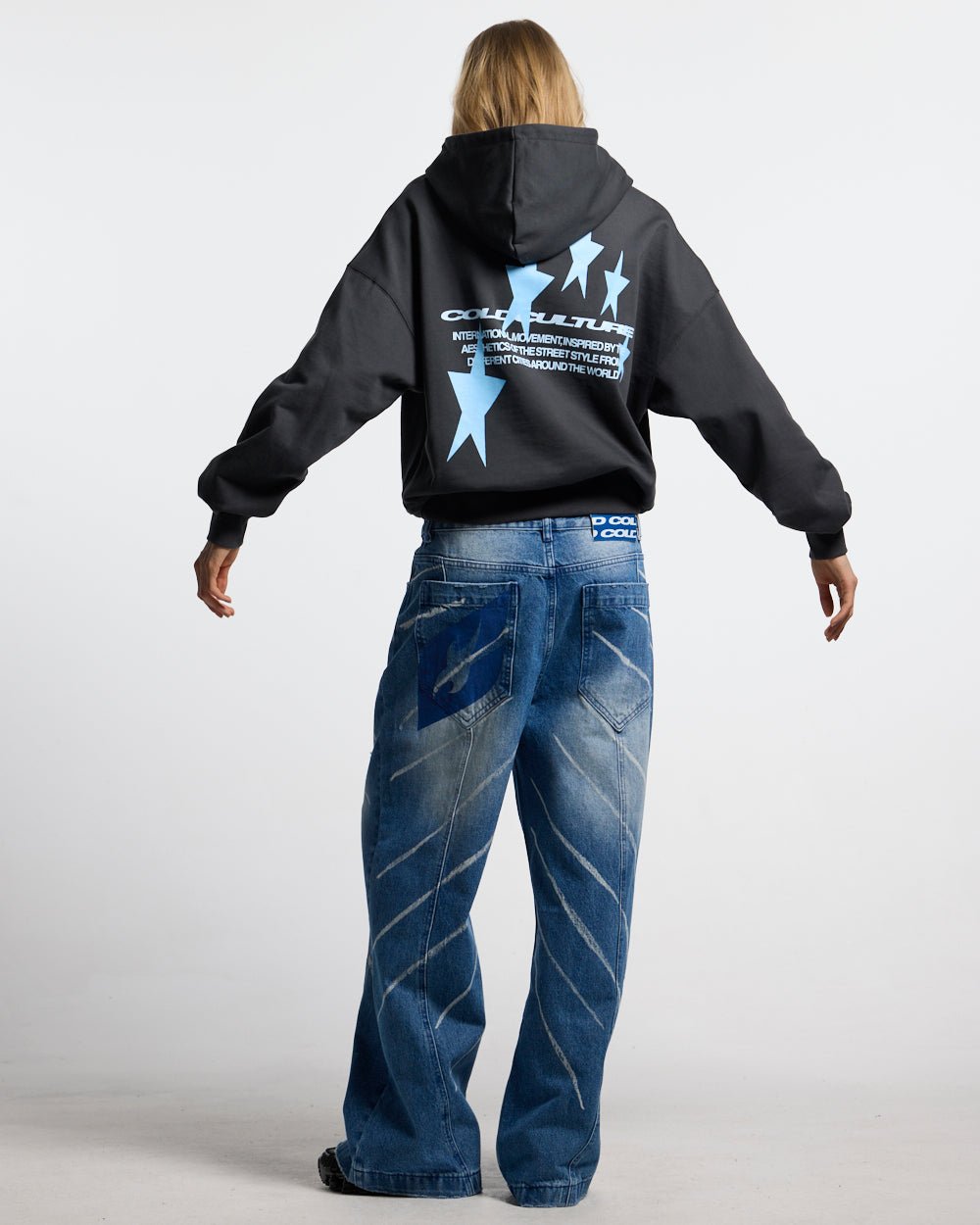 MUSIC RHYTHM V3 PANTS LIGHT BLUE - light blue washed denim pants, back view on female model - Cold Culture #woman