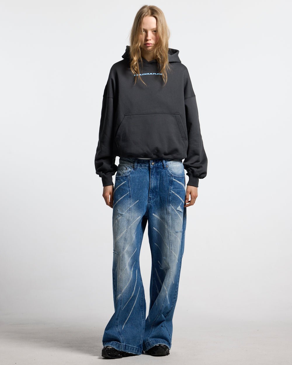 MUSIC RHYTHM V3 PANTS LIGHT BLUE - light blue washed denim pants, front view on female model - Cold Culture #woman