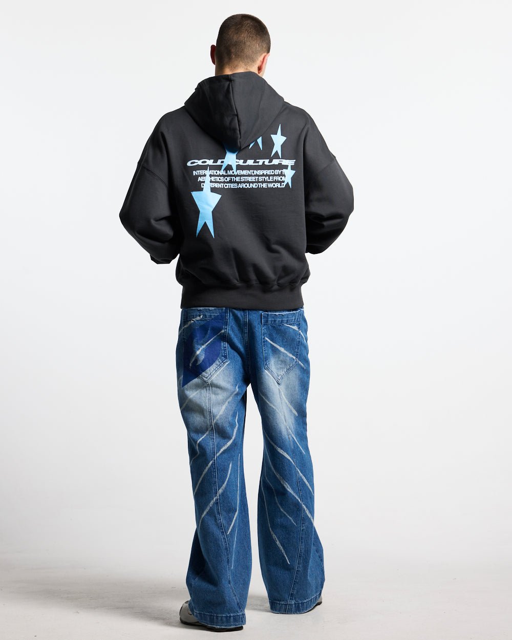 MUSIC RHYTHM V3 PANTS LIGHT BLUE - light blue washed denim pants, back view on male model - Cold Culture #man