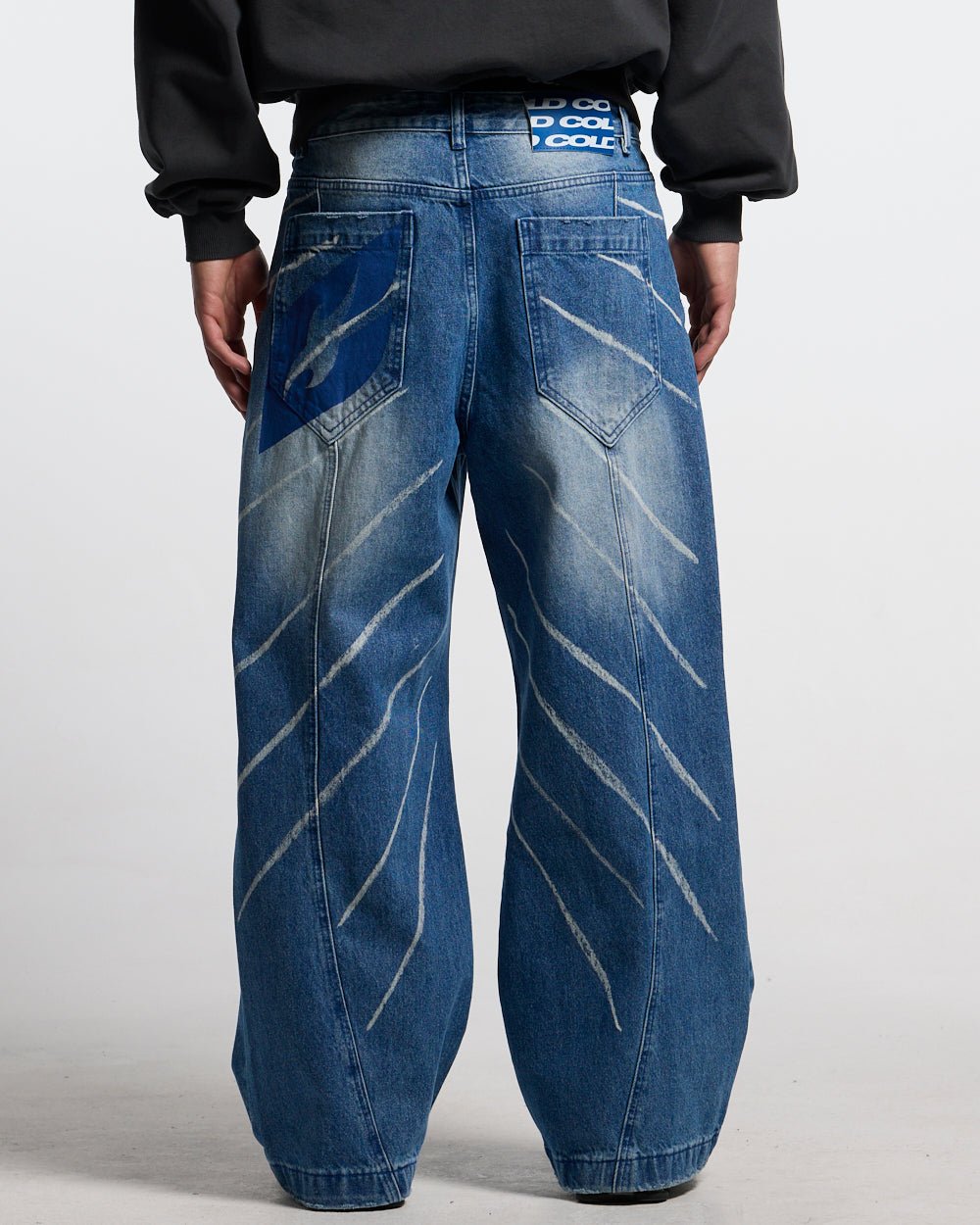 MUSIC RHYTHM V3 PANTS LIGHT BLUE - light blue washed denim pants, back view on male model - Cold Culture