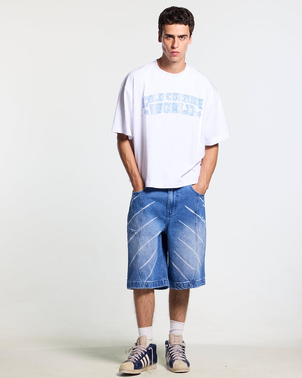MUSIC RYTHIM SHORTS DENIM - blue washed denim shorts, front view on male model - Cold Culture #man
