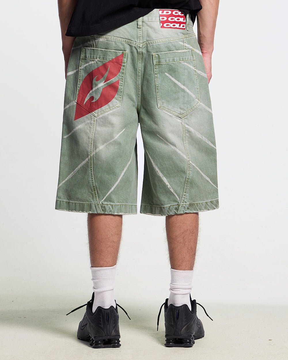 MUSIC RYTHIM SHORTS GREEN - green washed denim shorts, back view on male model - Cold Culture