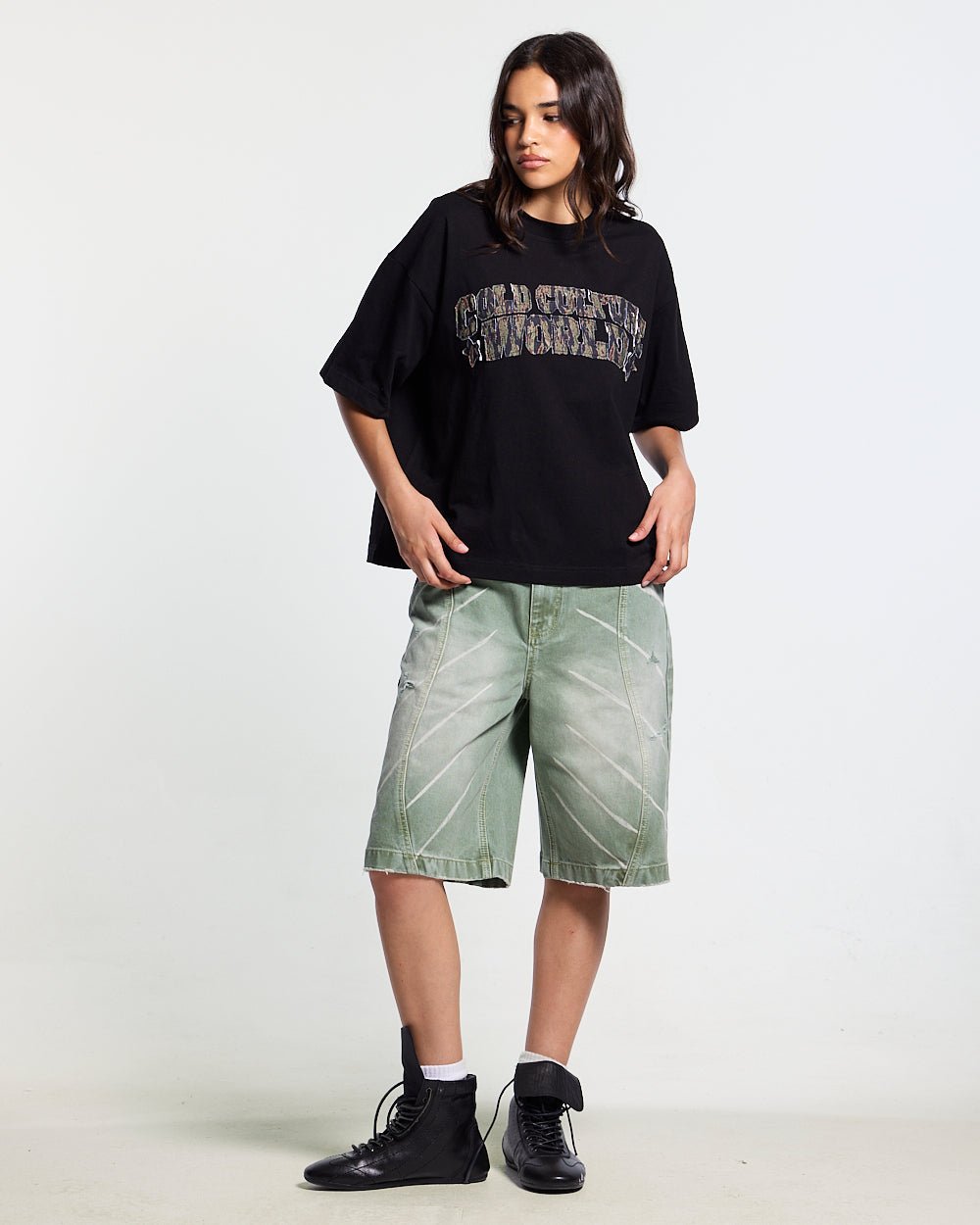 MUSIC RYTHIM SHORTS GREEN - green washed denim shorts, front view on female model - Cold Culture #woman