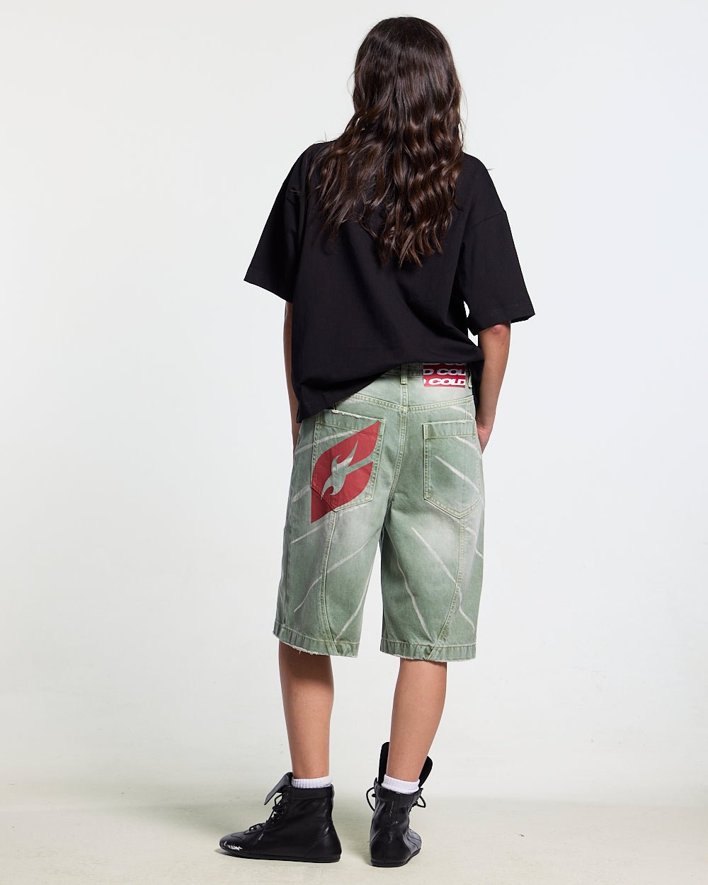 MUSIC RYTHIM SHORTS GREEN - green washed denim shorts, back view on female model - Cold Culture #woman