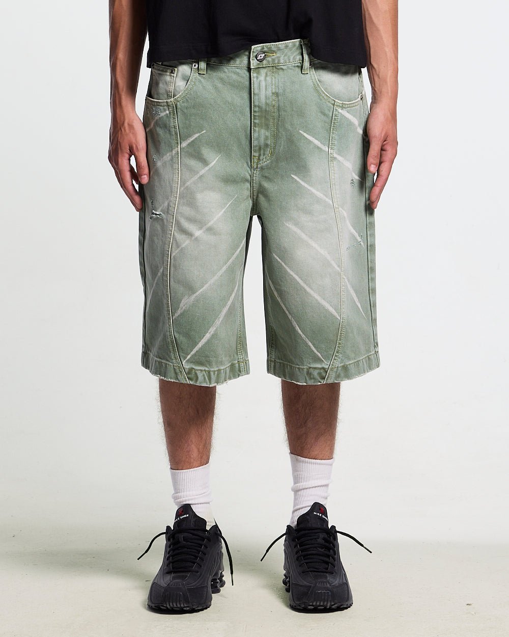 MUSIC RYTHIM SHORTS GREEN - green washed denim shorts, front view on male model - Cold Culture