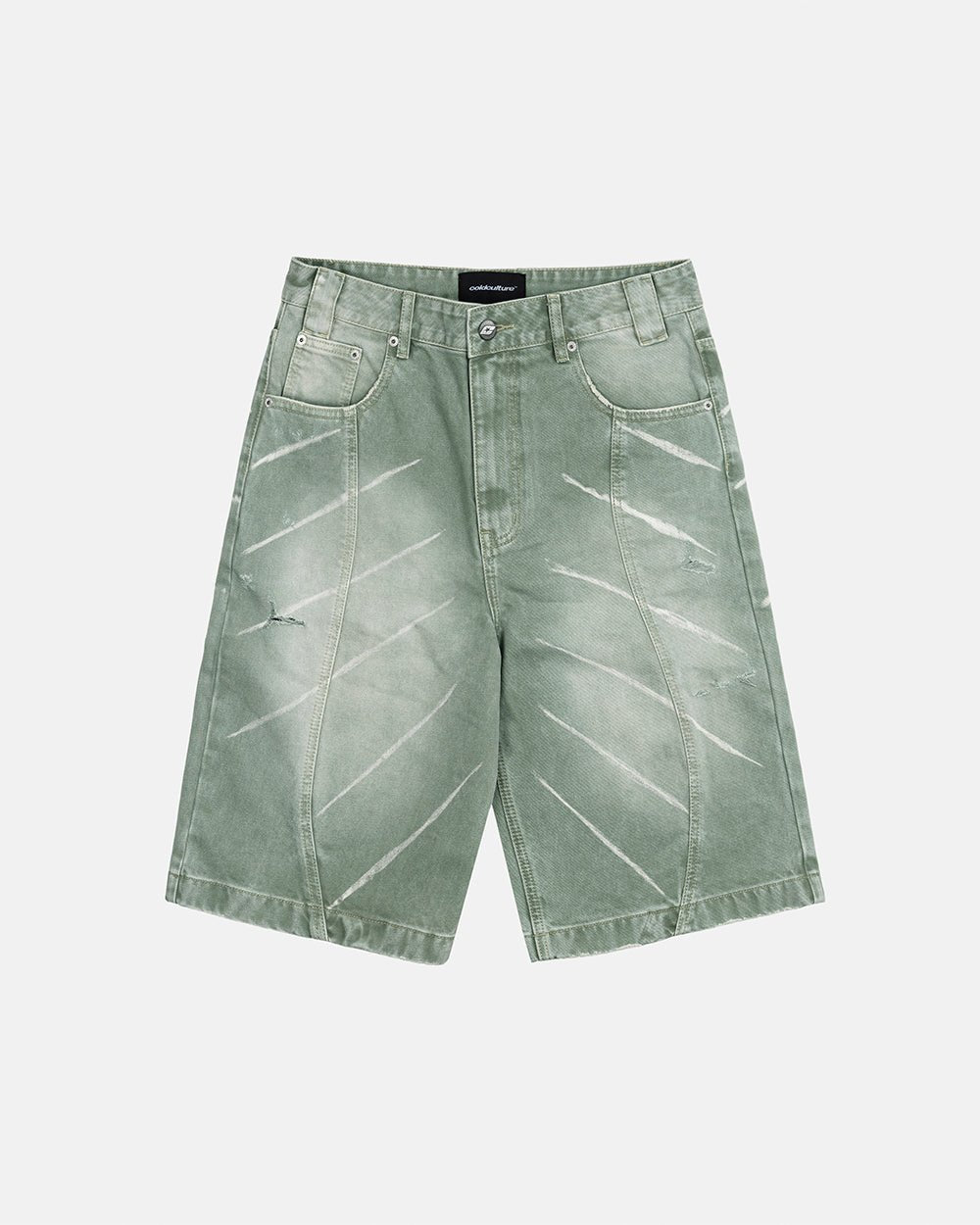 MUSIC RYTHIM SHORTS GREEN - green washed denim shorts, front view - Cold Culture #packshot