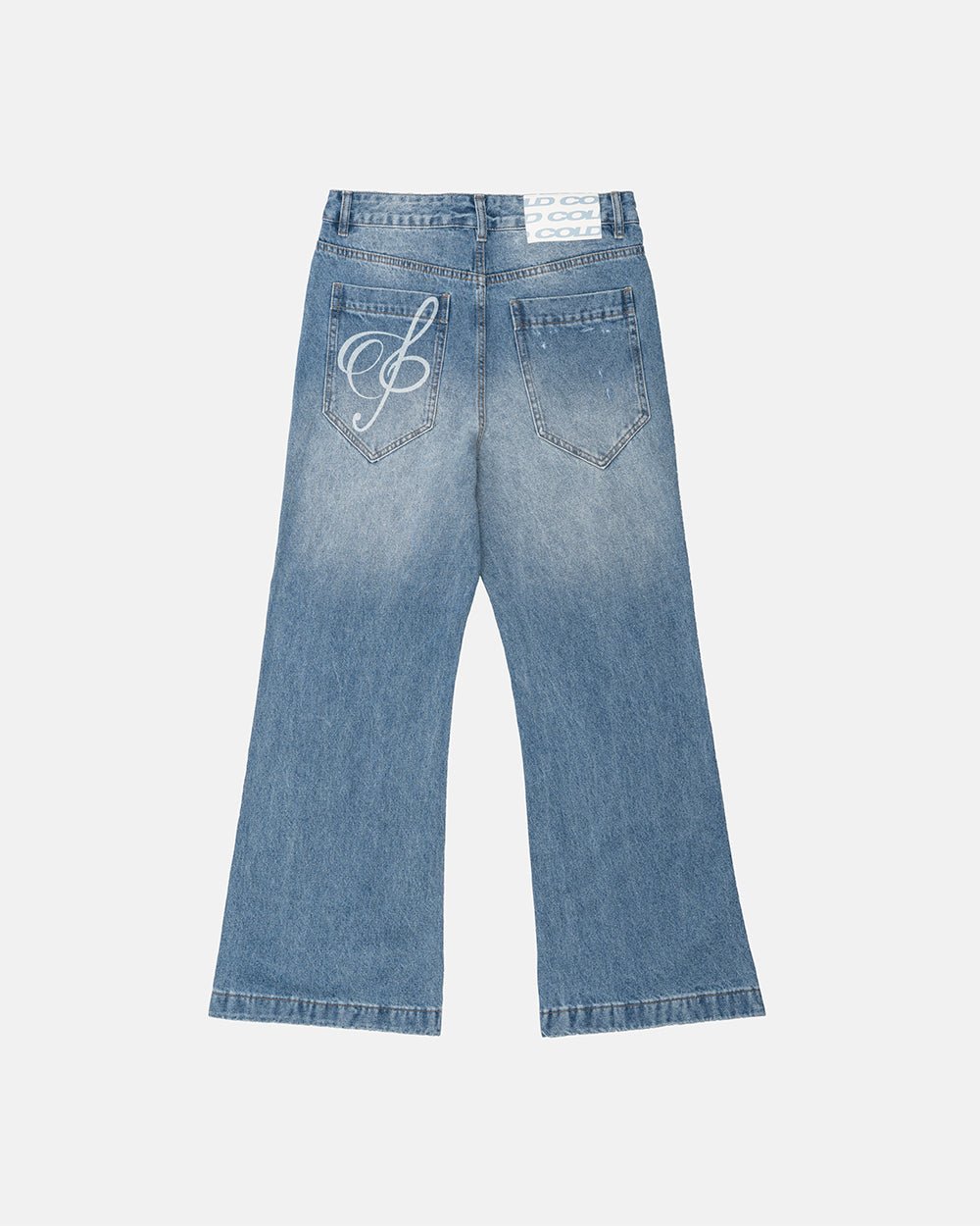 MZRT V3 PANTS LIGHT BLUE - light blue printed denim pants, back view - Cold Culture #packshot