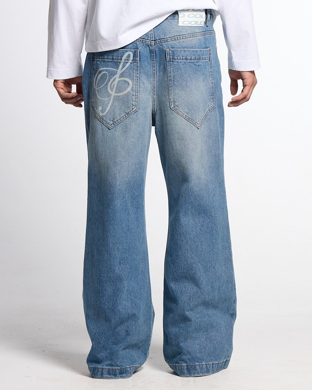 MZRT V3 PANTS LIGHT BLUE - light blue printed denim pants, back view on male model - Cold Culture