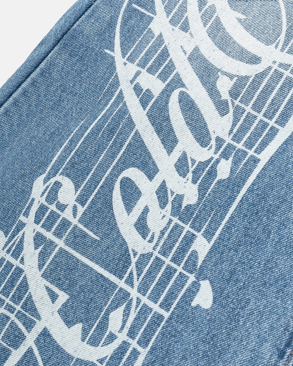 MZRT V3 PANTS LIGHT BLUE - light blue printed denim pants, detail close-up - Cold Culture