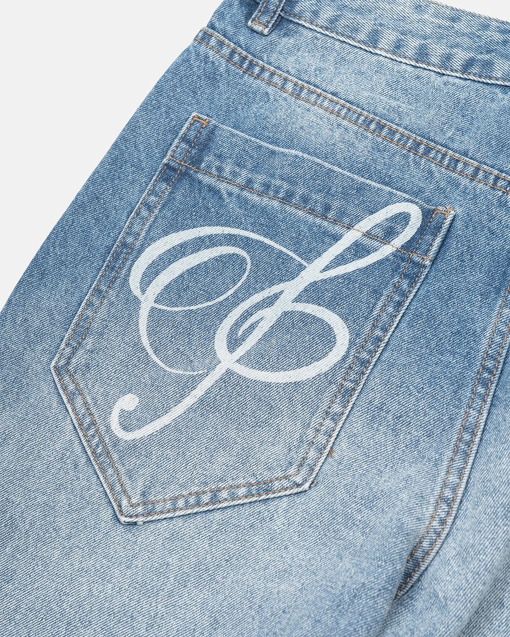 MZRT V3 PANTS LIGHT BLUE - light blue printed denim pants, detail close-up - Cold Culture