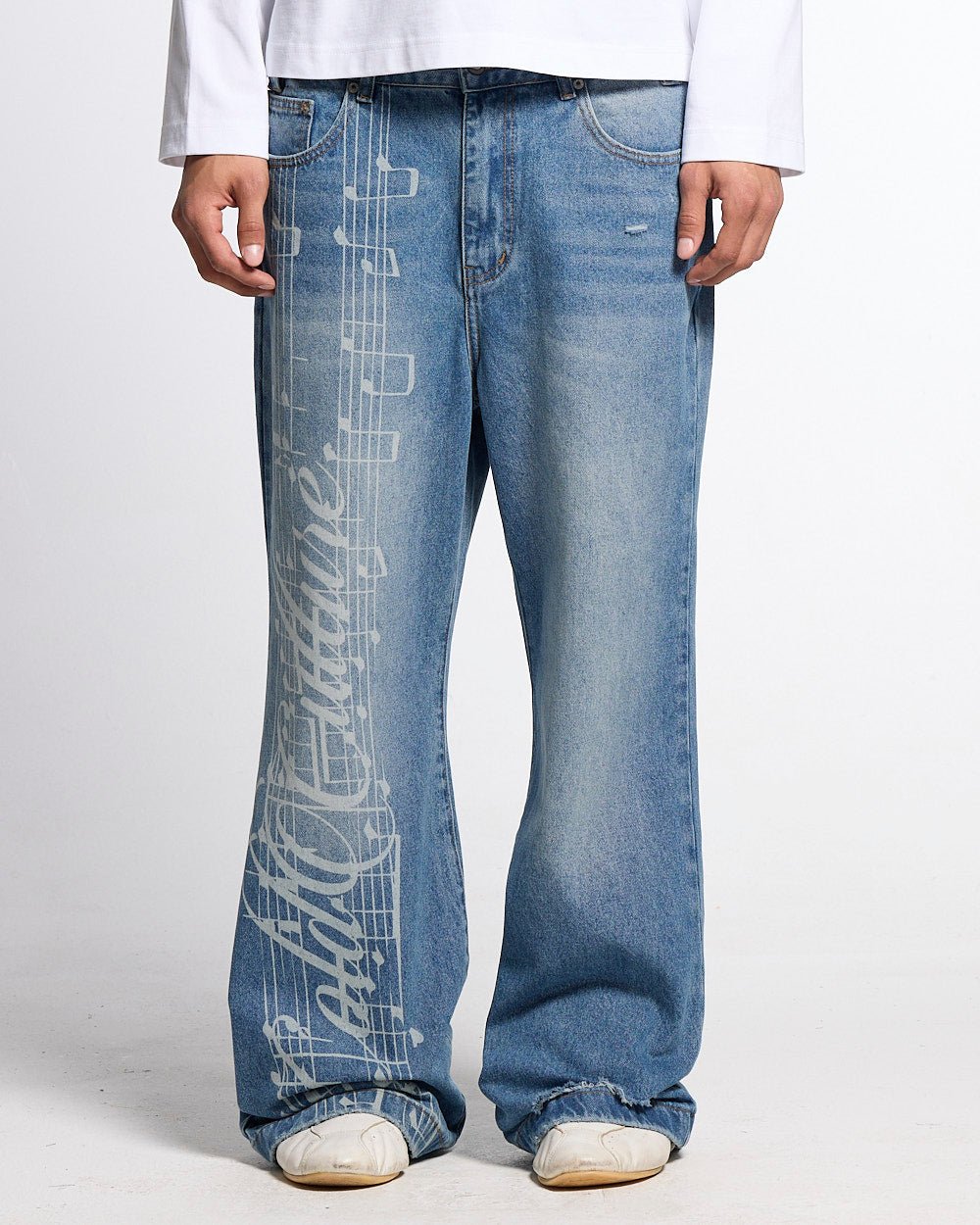 MZRT V3 PANTS LIGHT BLUE - light blue printed denim pants, front view on male model - Cold Culture