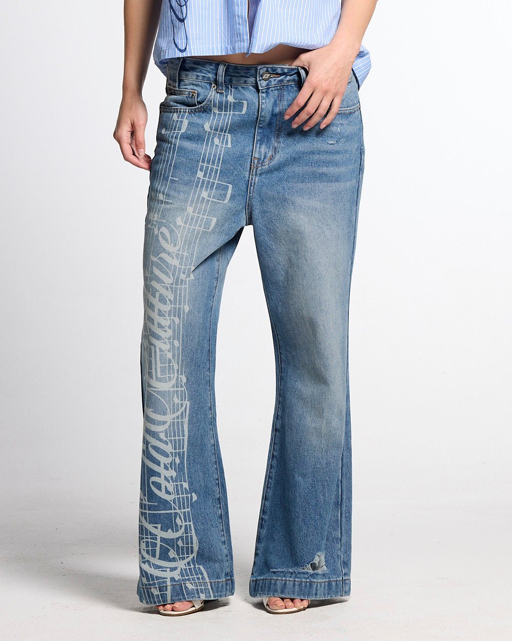 MZRT V3 PANTS LIGHT BLUE - light blue printed denim pants, front view on female model - Cold Culture #woman