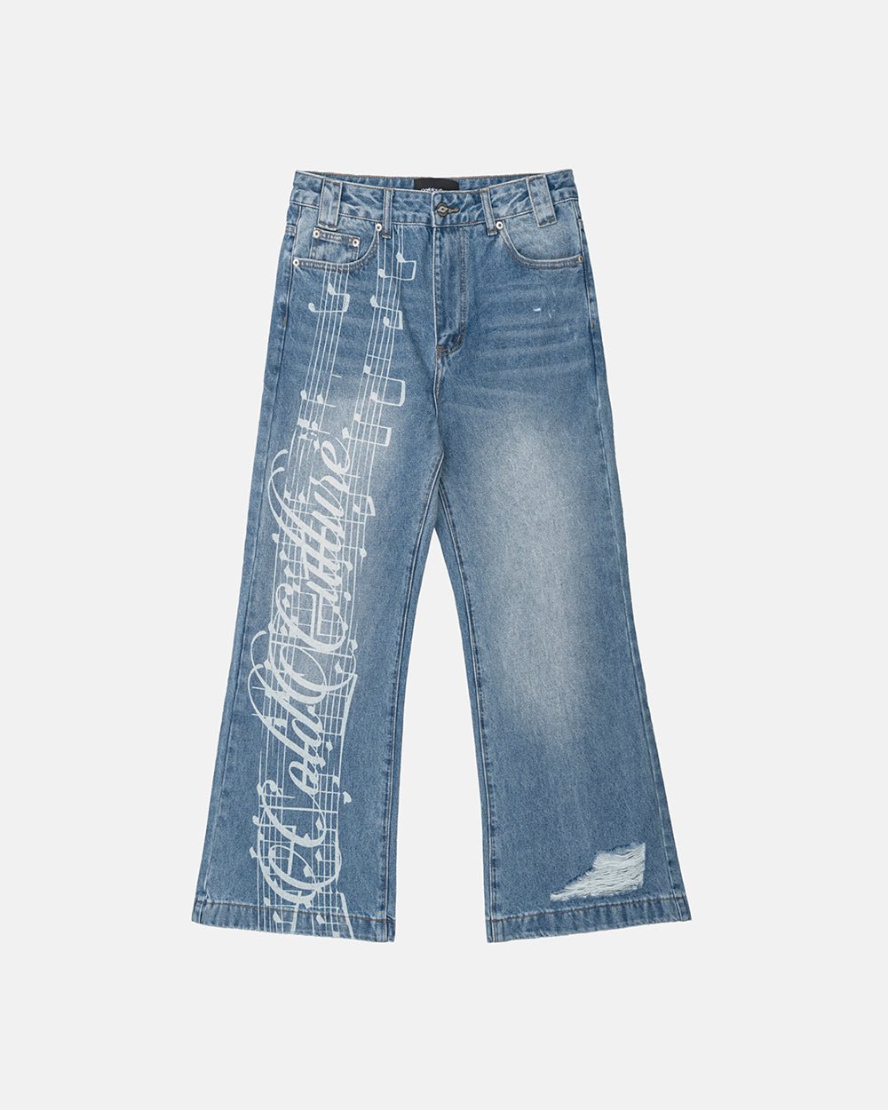 MZRT V3 PANTS LIGHT BLUE - light blue printed denim pants, front view - Cold Culture #packshot