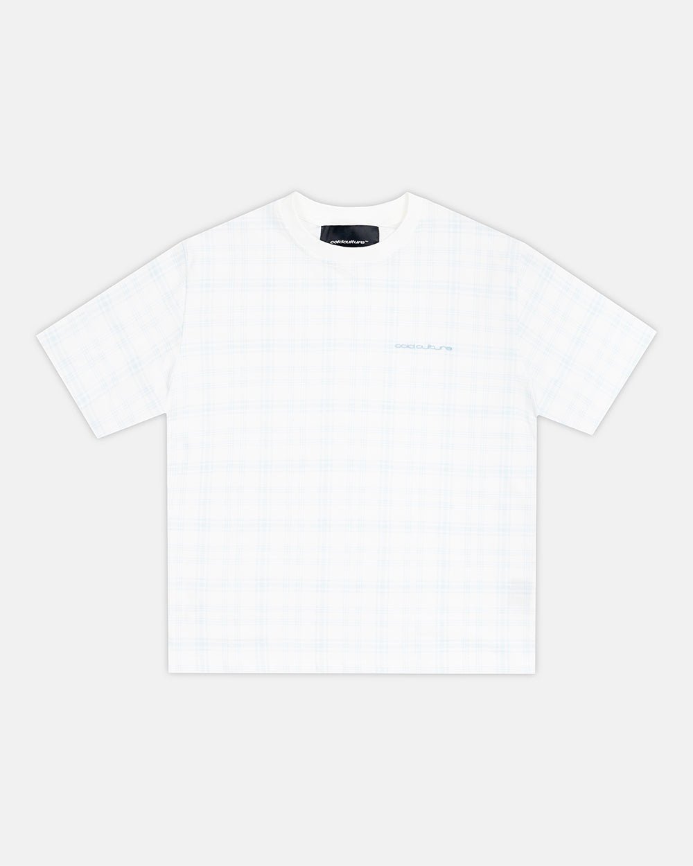 NACHT TEE BLUE - light blue plaid tee, front view - Cold Culture #packshot