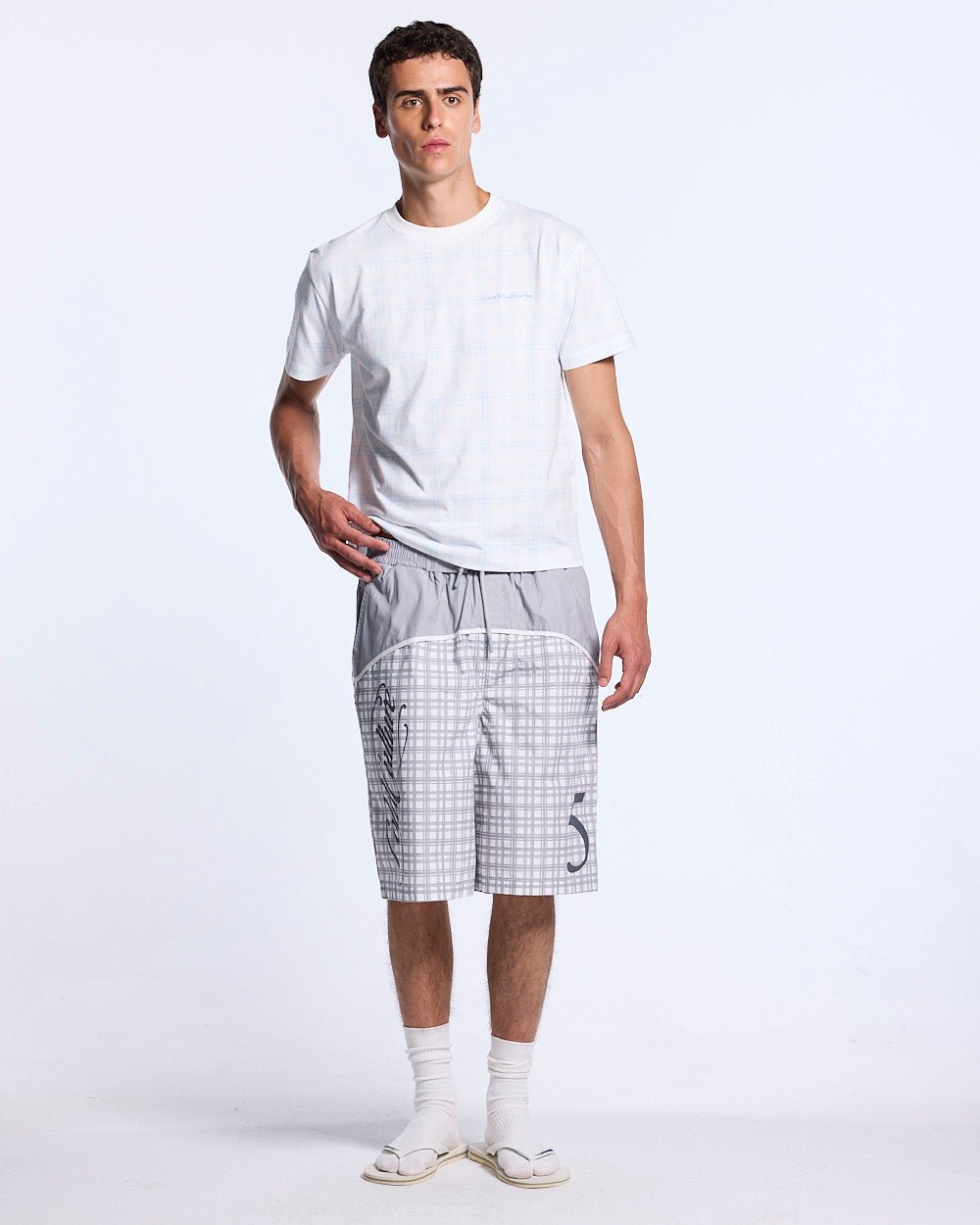NACHT TEE BLUE - light blue plaid tee, front view on male model - Cold Culture #man