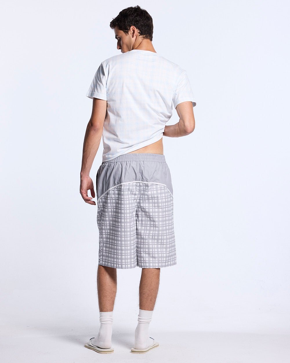 NACHT TEE BLUE - light blue plaid tee, back view on male model - Cold Culture #man