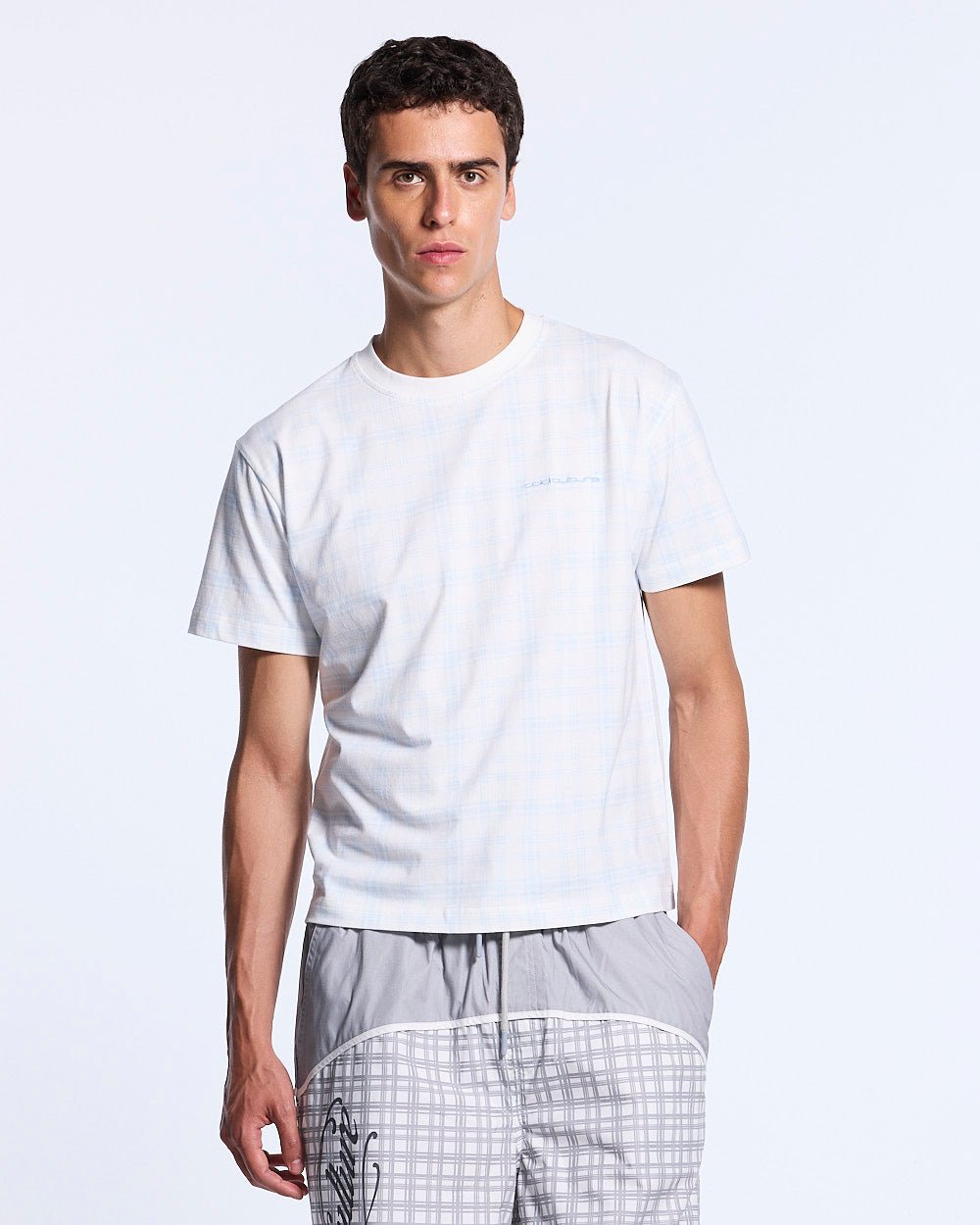 NACHT TEE BLUE - light blue plaid tee, front view on male model - Cold Culture #man