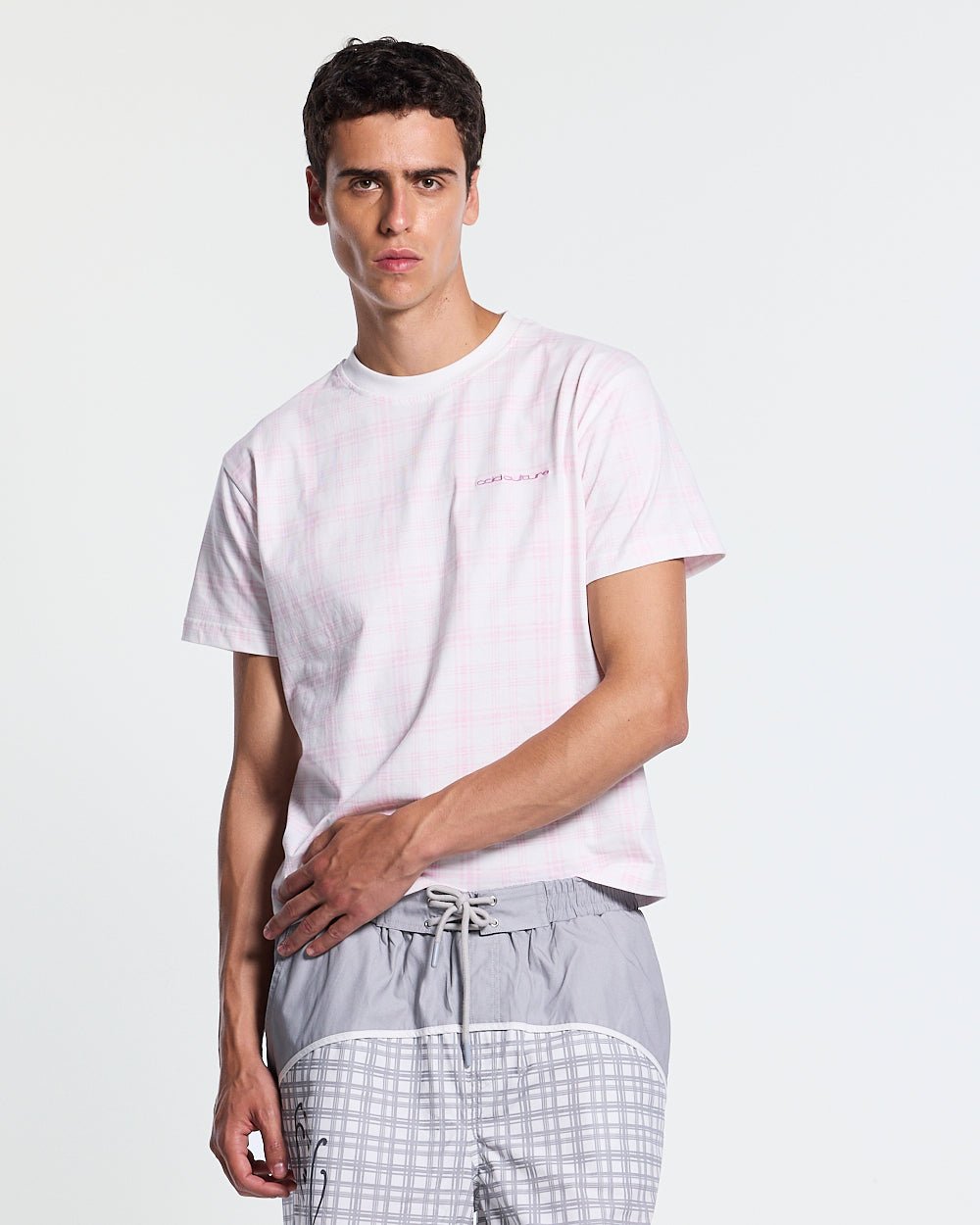 NACHT TEE PINK - pink plaid tee, front view on male model - Cold Culture #man