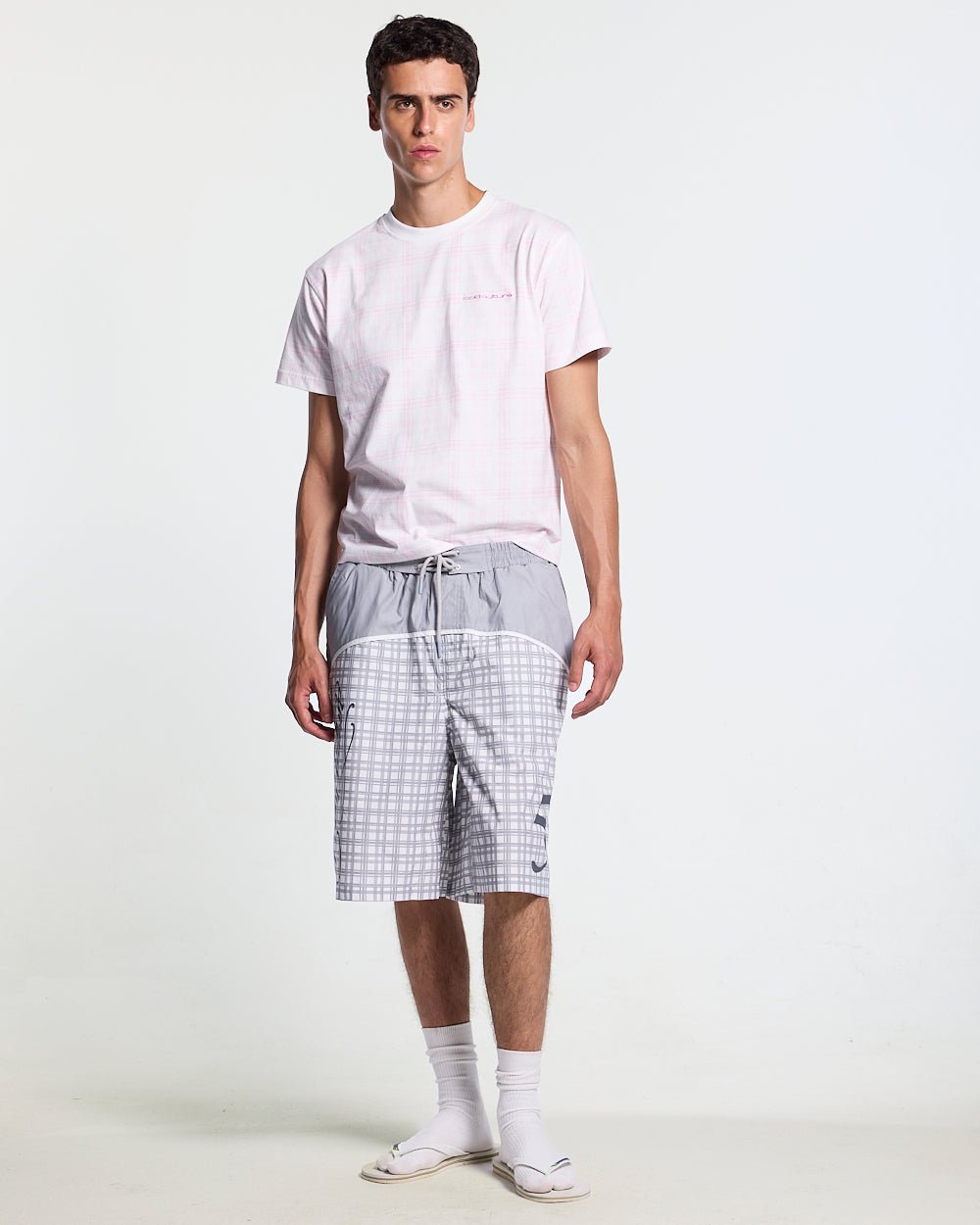 NACHT TEE PINK - pink plaid tee, front view on male model - Cold Culture #man