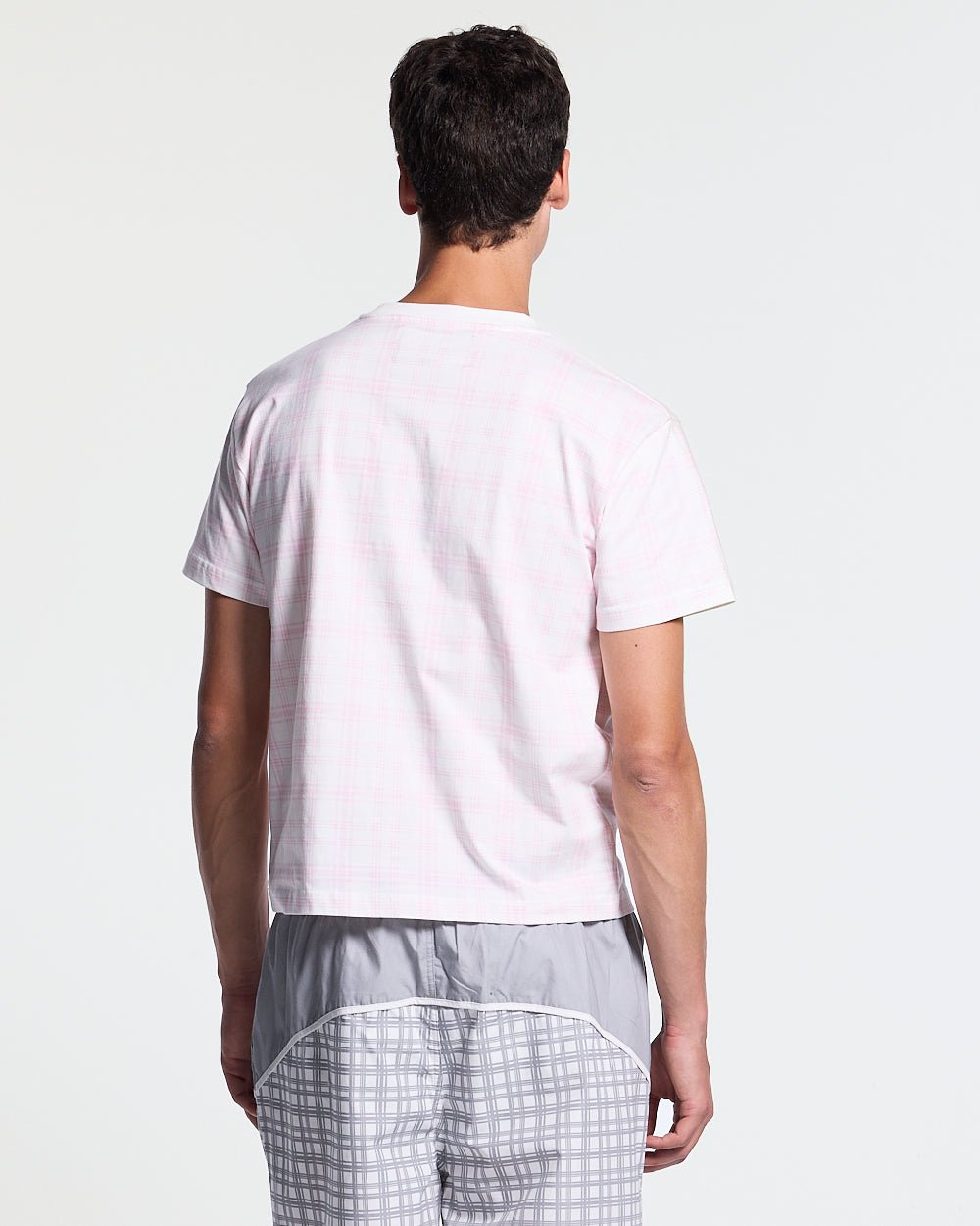 NACHT TEE PINK - pink plaid tee, back view on male model - Cold Culture #man