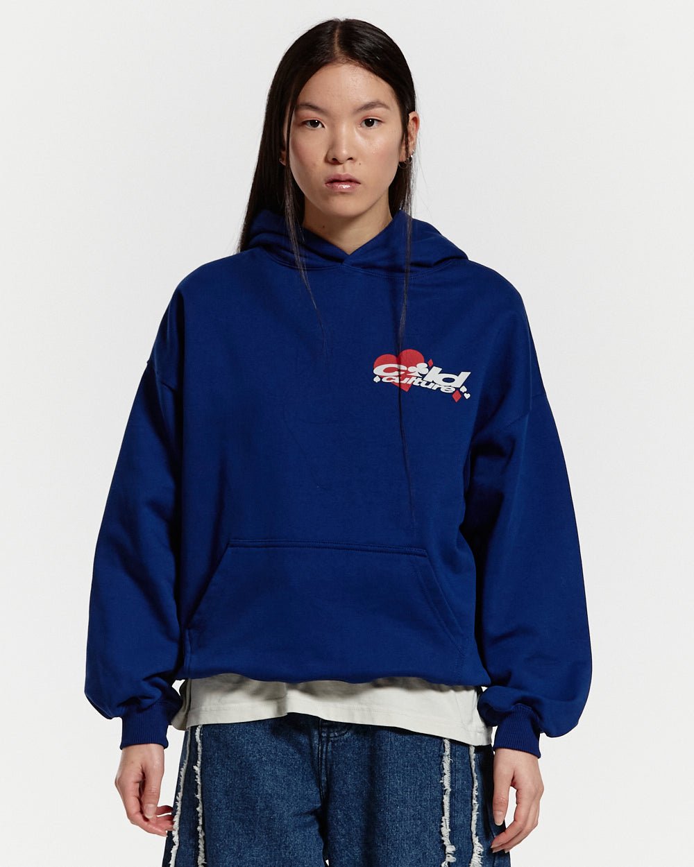 NAIPES HOODIE MIDDLE BLUE - royal blue graphic print hoodie, front view on female model - Cold Culture #woman