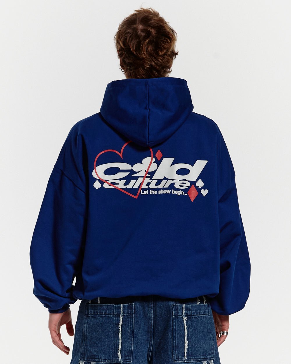 NAIPES HOODIE MIDDLE BLUE - royal blue graphic print hoodie, back view on male model - Cold Culture #man